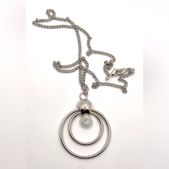 Double Circle Silver Tone Necklace Clear Rhinestone 24" Double Lobster Clasp. - Picture 2 of 3